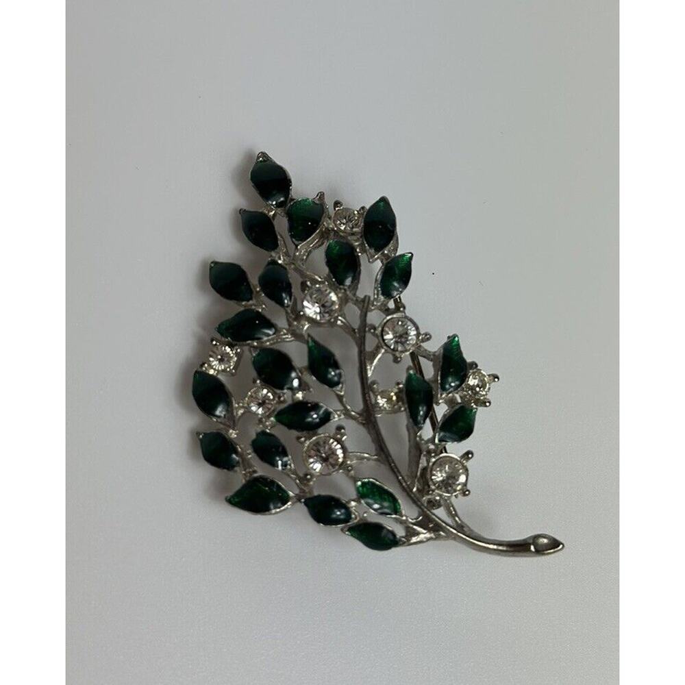 VTG Lianna Signed LIA Clear Silver‎ Jeweled Green Enameled Leaf Pin/Brooch